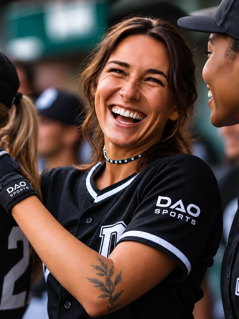 Three DAO Sports baseball players in black jerseys laughing together in the dugout