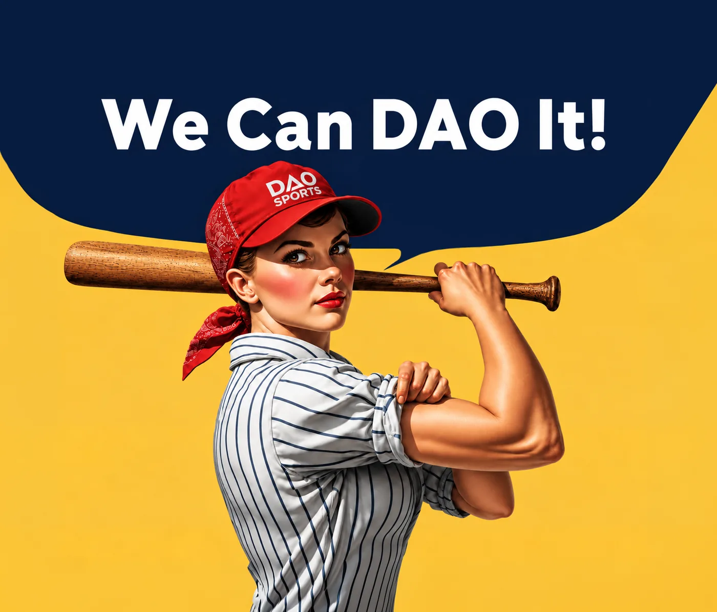 Poster: a woman in a red cap shoulders a baseball bat under the words We Can DAO It!